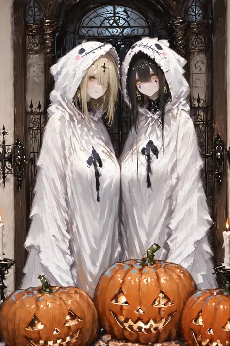 (masterpiece, details:1.2), Highest Quality, Ultra HD, 4K,  
beautiful and charming ghost cosplay girl,  
cute white ghost costume, upper body,
 expression wearing shiny gold armor, 
standing next to a pumpkin lantern,  
The background is the entrance to a...