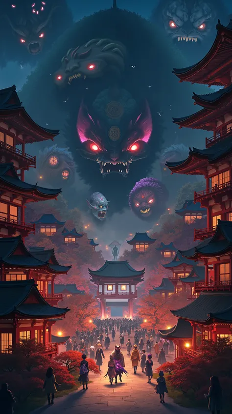 high-definition images、百鬼夜行、The Great Yo-kai War、鬼太郎と猫娘、Yo-kai and Japanese ghosts fight at Kiyomizu-dera Temple at night、Autumn in Kyoto
