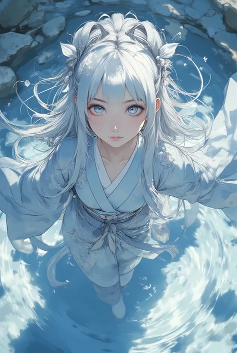Beautiful anime girl with flowing silver hair, silver eyebrows and eyelashes, striking heterochromatic eyes - one vibrant blue and one soft grey - wearing an elegant light blue kimono decorated with intricate white flower patterns, captured in a dynamic ac...