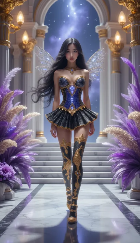 Long shot, full body shot, hyper detail, hyper detail clothing texture, 17-year-old young Asian girl with a cute face with sweet appearance and white skin, tall oily body, slim and small belly, wide waist, long and sexy muscular legs, and big breasts. wear...