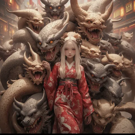  masterpiece, (Highest Quality,  High resolution creation,4K, 8k),  Centipede Tail  、, ((Land of heroes)) , push、long hair、  Blonde  、 braids 、  Japanese Kimono、yukata、 perfect face 、 masterpiece, anatomically accurate , Highest Quality, textured skin,  Fi...