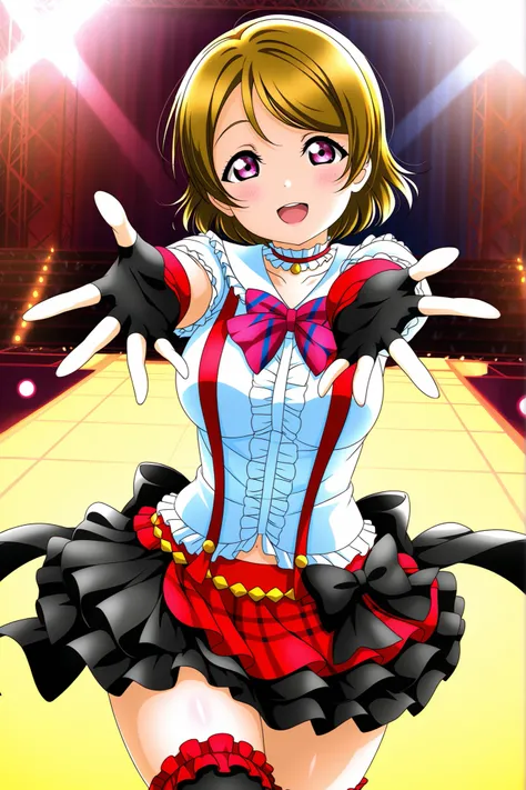 Love Live official artwork, game cg quality, love live, professional art, highres, hdr, glossy shiny skin, shiny silky hair,soft directional lighting from right, vibrant colors, koizumi hanayo,solo , cowboy shot,nico_stagecostume, collared shirt, fingerles...