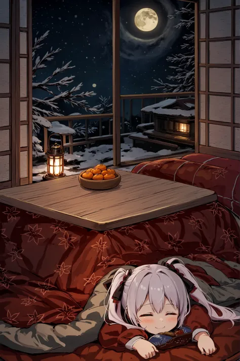Anime girl holding a bowl of food and sitting in a kotatsu, close-up、Smile Yan、long silver hair、beautiful girl with twin tails、sitting in a kotatsu、There are tangerines on top of the kotatsu 、tea、Outside the window is a moonlit night view