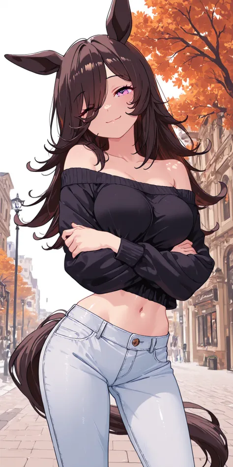 1girl,solo,rice shower (umamusume), horse girl,city,street,autumn,casual style,hair over one eye,

off-shoulder (black) sweater into one-shoulder wrap, (White) jeans,
jeans below the hip,low rise jeans,

sexy front view, contrapposto,, legs apart, with cro...