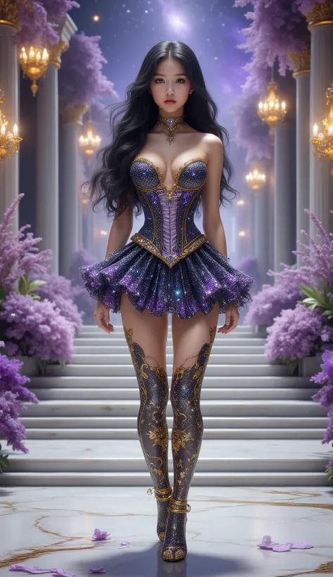 Long shot, full body shot, hyper detail, hyper detail clothing texture, 17-year-old young Asian girl with a cute face with sweet appearance and white skin, tall oily body, slim and small belly, wide waist, long and sexy muscular legs, and big breasts. wear...