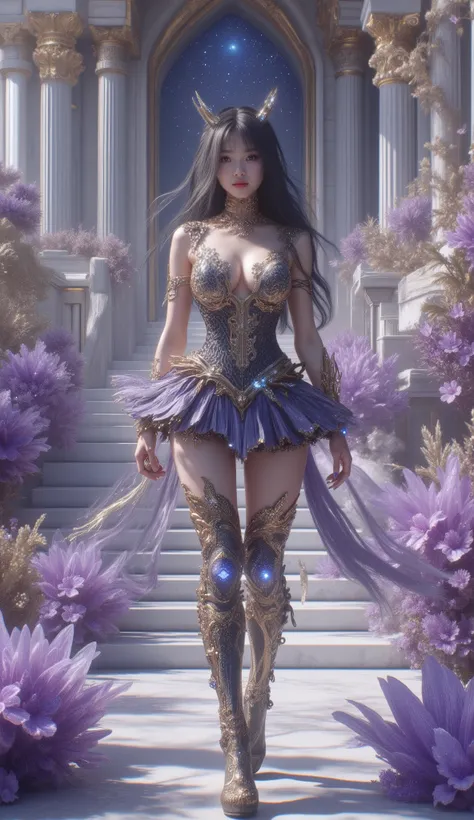 Long shot, full body shot, hyper detail, hyper detail clothing texture, 17-year-old young Asian girl with a cute face with sweet appearance and white skin, tall oily body, slim and small belly, wide waist, long and sexy muscular legs, and big breasts. wear...