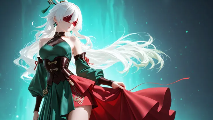 1 girl, solo, high quality, highly detailed, side locks, medium breasts, white hair, long hair, untied hair, long bangs, blindfolded,  red blindfold.  medium breasts, standing. hair ornaments. halterneck, green dress, dark green corset, detached sleeve, lo...