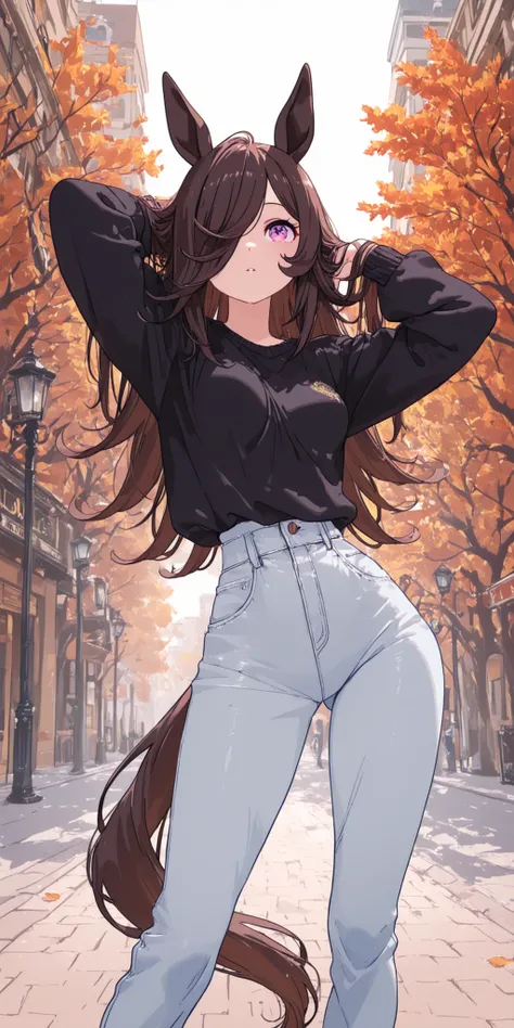 1girl,solo,rice shower (umamusume), horse girl,city,street,autumn,casual style,hair over one eye,small breasts,

 oversized (black) sweater,botanical embroidery, (White) jeans,
jeans below the hip,low rise jeans,

sexy front view, contrapposto,, legs apart...