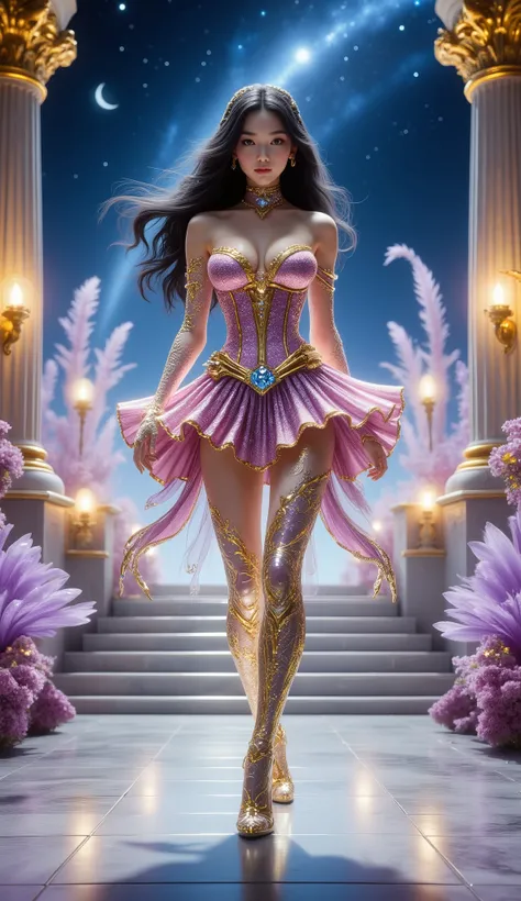 Long shot, full body shot, hyper detail, hyper detail clothing texture, 17-year-old young Asian girl with a cute face with sweet appearance and white skin, tall oily body, slim and small belly, wide waist, long and sexy muscular legs, and big breasts. wear...