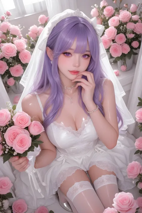  A beautifully detailed 、High quality、Very high resolution、 Clear subject 、Excellent depth of field、Dynamic light、Vivid masterpiece from a shooting angle。A girl with purple hair，bouquet in hand，has fair skin，wears a long white wedding dress，Wear knee-lengt...