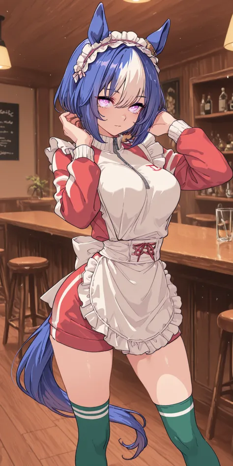 1girl,solo,cesario (umamusume), horse girl, indoor,bar,night,

 alternate costume, frilled apron, waist apron, white apron, maid, maid apron, unconventional maid, jersey maid, White color jacket, track jacket, long sleeves, shoes, zettai ryouiki , red colo...