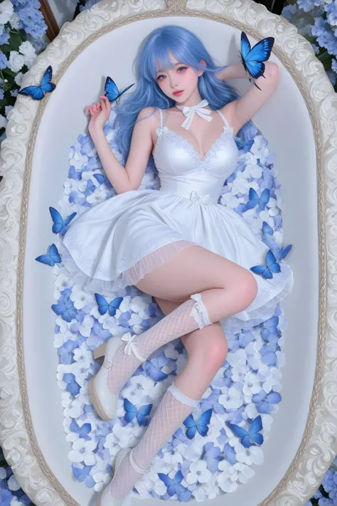 A white girl with blue hair，in a dress，Full breasts ，Glossy black mesh socks with pedals，show details。,white dress, hoa , butterfly , bow 