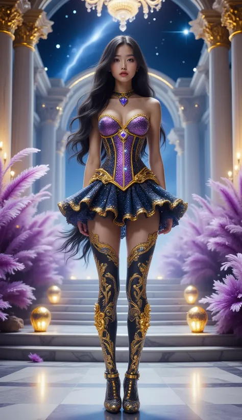 Long shot, shot on below, full body shot, hyper detail, hyper detail clothing texture, 17-year-old young Asian girl with a cute face with sweet appearance and white skin, tall oily body, slim and small belly, wide waist, long and sexy muscular legs, and bi...