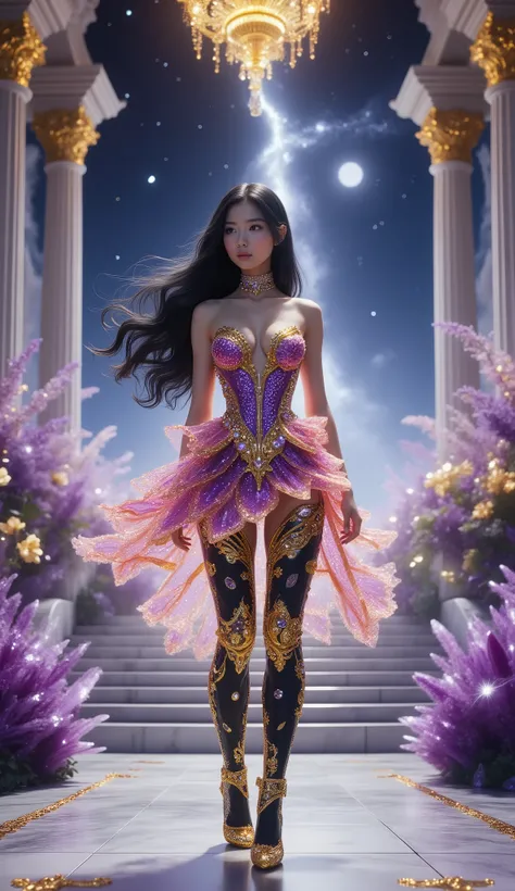 Long shot, shot on below, full body shot, hyper detail, hyper detail clothing texture, 17-year-old young Asian girl with a cute face with sweet appearance and white skin, tall oily body, slim and small belly, wide waist, long and sexy muscular legs, and bi...