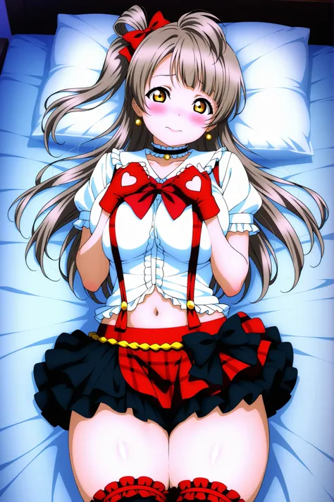 Love Live official artwork, game cg quality, love live, professional art, highres, hdr, glossy shiny skin, shiny silky hair,soft directional lighting from right, vibrant colors, minami kotori, mating press, cowboy shot,nico_stagecostume, collared shirt, fi...