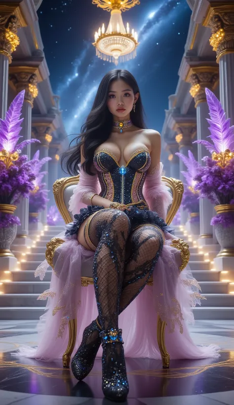 Long shot, shot on below, full body shot, hyper detail, hyper detail clothing texture, 17-year-old young Asian girl with a cute face with sweet appearance and white skin, tall oily body, slim and small belly, wide waist, long and sexy muscular legs, and bi...