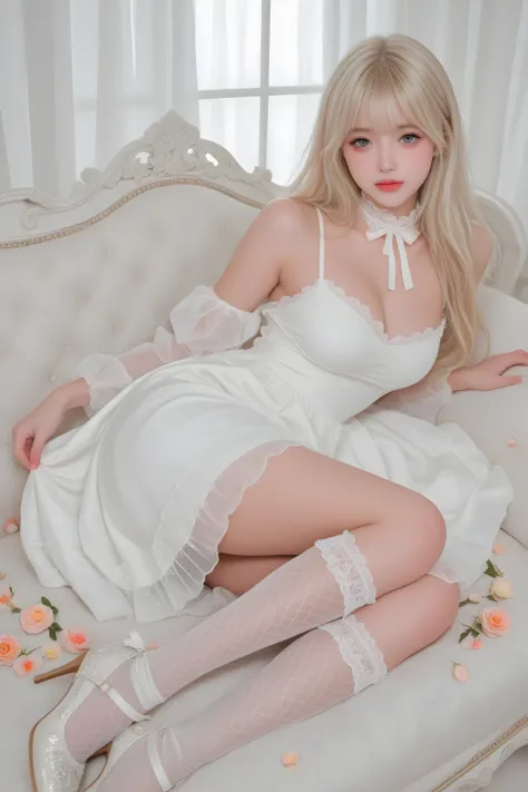 A white girl with blonde hair，in a dress，Full breasts ，Glossy white mesh socks with pedals，show details。