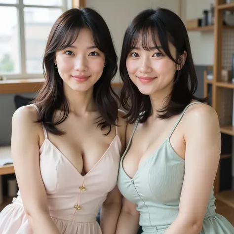 『the mood of the face and hairstyle are different2people、日本people、1peopleはショートヘアー、未加工Picture、美peopleではない普通の女性、realistic skin、no makeup、looking at the camera、smiling:1.9』『Saggy Eyes、round face、real photo:1.3』Highest Quality:1.2、((saggy breasts))、((30 year o...