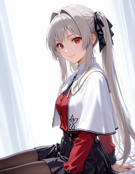  lynneburg clays, long hair, red eyes, twintails, grey hair, hair intakes, hair ribbon, pantyhose, capelet, white capelet, dress, red dress, long sleeves, skirt, black skirt, pleated skirt, white background, sitting, looking at viewer, smile, from side, so...