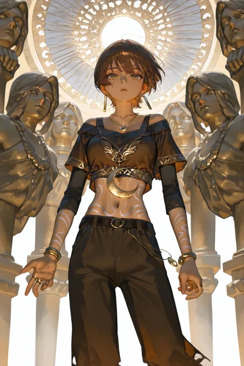 (dsrcressxl,) The sorceress is a jeweler, a master of artifacts.  She has tanned dark skin covered with ornate blue tattoos. she has short dark brown hair with a copper sheen, a boy's haircut. She has golden lips, bronze eyes and long dramatic eyelashes. S...