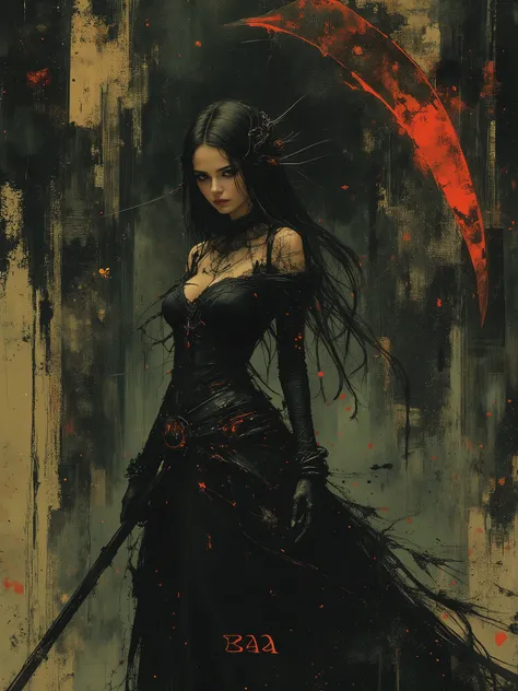 a dark-haired woman in a black dress, the most beautiful female death in the world, holding a scythe with the letters "eaa" engraved on it in spidery script, faded dark fantasy spirit realm behind her with gothic ruins and black skies, gothic, dramatic lig...