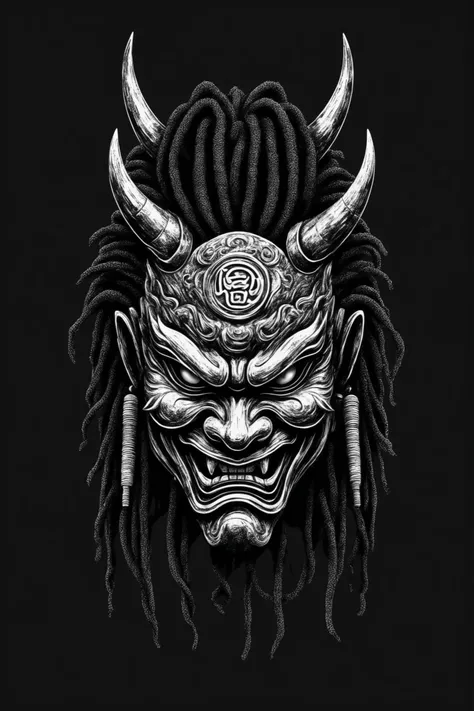 Best quality, masterpiece, logo, ((japanese ONI mask with dreadlocks and in a elegant cyberpunk version and minimalist style)),monochromatic, black and white logo, logo, vector, vector style,samurai mask,simple, (very low detailed),drumsticks crossed in bl...