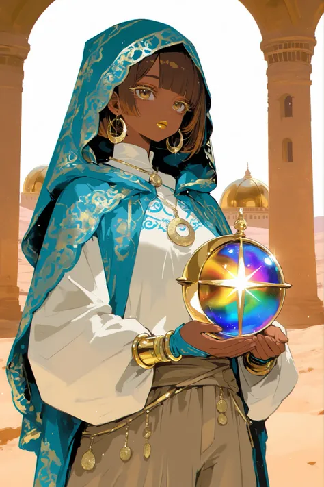 (0__11Xx_illu,duobaan,) The sorceress is a jeweler, a master of artifacts. She has tanned dark skin covered with ornate blue tattoos. She has dark-brown shorty haircut with a copper sheen. She has golden lips, bronze eyes and long dramatic eyelashes. She ...