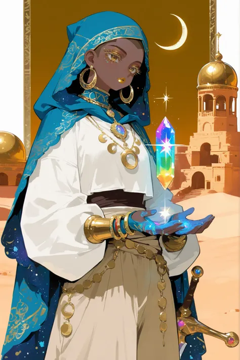 (0__11Xx_illu,duobaan,) The sorceress is a jeweler, a master of artifacts. She has tanned dark skin covered with ornate blue tattoos. She has dark-brown shorty haircut ((boy's buzzcut)) with a copper sheen. She has golden lips, bronze eyes and long dramat...
