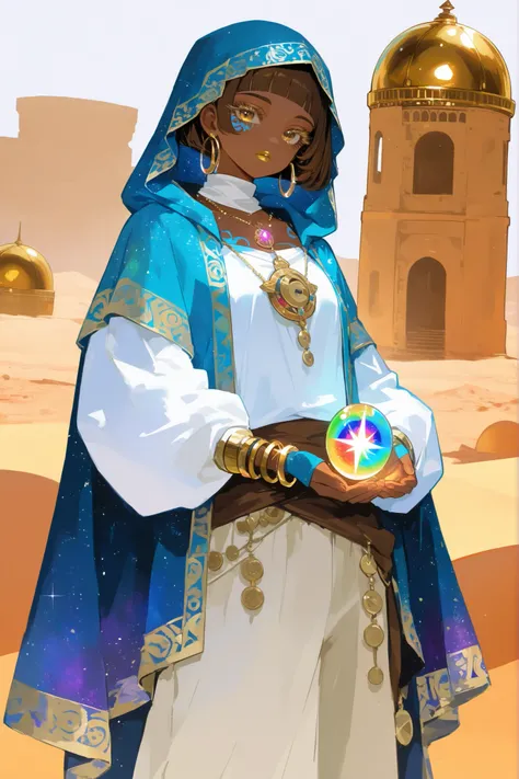 (0__11Xx_illu,duobaan,) The sorceress is a jeweler, a master of artifacts. She has tanned dark skin covered with ornate blue tattoos. She has dark-brown shorty haircut ((boy's buzzcut)) with a copper sheen. She has golden lips, bronze eyes and long dramat...