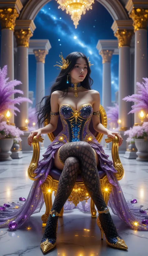 Long shot, shot from the side with the face facing camera , straddling sitting pose, full body shot, hyper detail, hyper detail clothing texture, 17-year-old young Asian girl with a cute face with sweet appearance and white skin, tall oily body, slim and s...