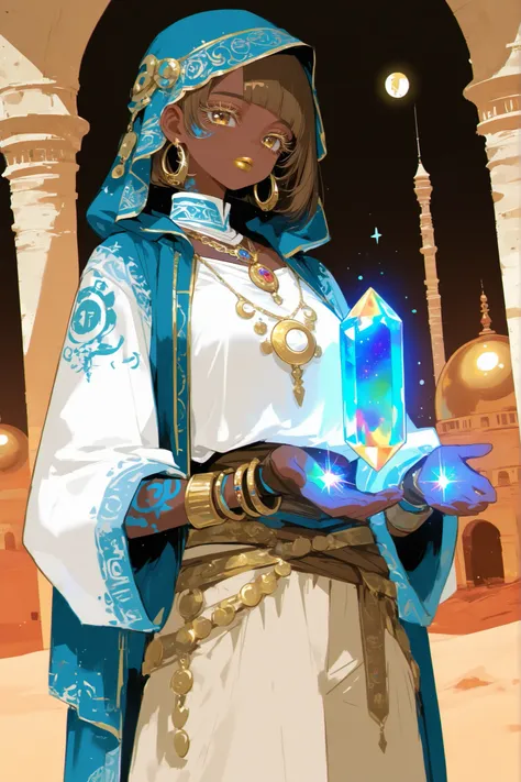 (0__11Xx_illu,duobaan,) The sorceress is a jeweler, a master of artifacts. She has tanned dark skin covered with ornate blue tattoos. She has dark-brown shorty haircut ((boy's crewcut)) with a copper sheen. She has golden lips, bronze eyes and long dramat...