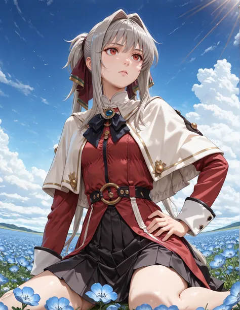 upper body, from below, sitting, wariza,(1girl, solo:1.3), masterpiece,best quality,amazing quality,((Lynne, lynneburg clays, long hair, red eyes, twintails, grey hair, hair intakes, hair ribbon, capelet, white capelet, dress, red dress, long sleeves, skir...
