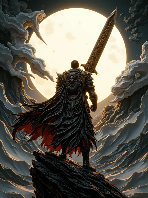 Guts from Berserk holding his massive Dragon Slayer great sword on his shoulder, standing atop a rocky cliff under a vast white moon, sword scratched, scarred, darkened metal with dried blood, evoking immense power and brutal history. Luminous 3D layered p...