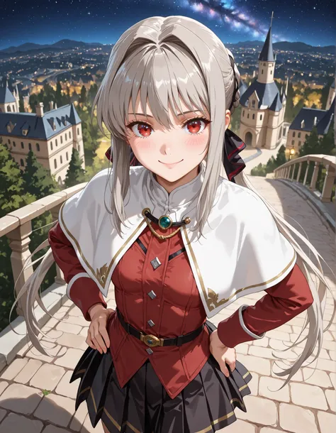 1girl, solo, smile, looking at viewer, blurry background, from above, hand on own hips, smile, blush, ((Lynne, lynneburg clays, long hair, red eyes, twintails, grey hair, hair intakes, hair ribbon, capelet, white capelet, dress, red dress, long sleeves, sk...