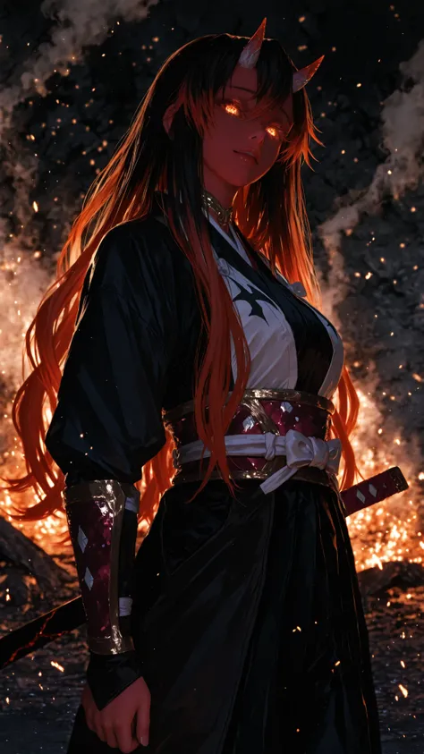 Ultra-realistic 4K anime-style photograph of a beautiful female demon inspired by Kimetsu no Yaiba, with glowing demonic eyes, small curved horns, and elegant battle attire combining traditional Japanese fabrics and modern armor details. She stands in a dr...