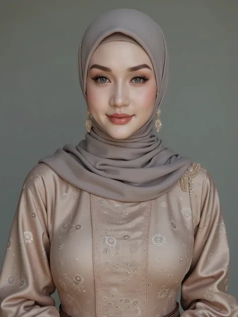 hyper HD, Masterpiece, Textured skin, 8K, Best quality of potrait a Beautiful hijab asian woman white fairy skin wearing kebaya outfit , perfect veil hijab muslimah style, detail scarf , close-up half body , happy vibes, beauty smile open mouth showing te...