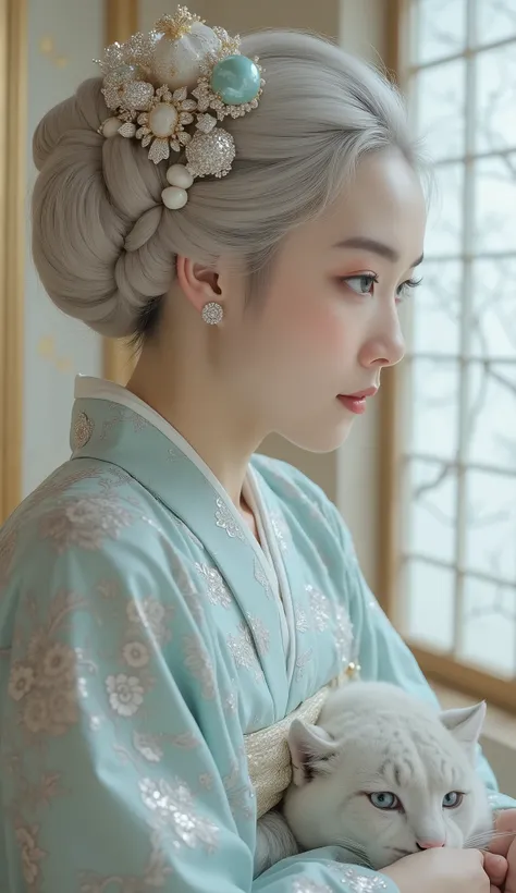 A close-up faced of solitary aristocrat with porcelain skin and vivid turquoise eyes sits upon gold-woven tatami in a pearl-white palace. With an enigmatic smile playing on her lips, she performs a tea ceremony using a jade bowl. Beside her, coiled like s...