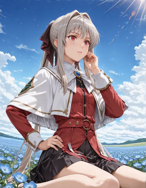upper body, from below, sitting, wariza,(1girl, solo:1.3), masterpiece,best quality,amazing quality,((Lynne, lynneburg clays, long hair, red eyes, twintails, grey hair, hair intakes, hair ribbon, capelet, white capelet, dress, red dress, long sleeves, skir...