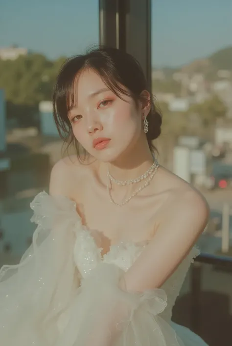 luxury fashion photo of a Japanese model wearing a specially designed black and white dress, (big boobs:1.5),tight waist shows proportions, The long skirt flutters, sexy pose, Realistic Sharp Face, Pastel Finished Backdrop, proportions by climbing the foot...