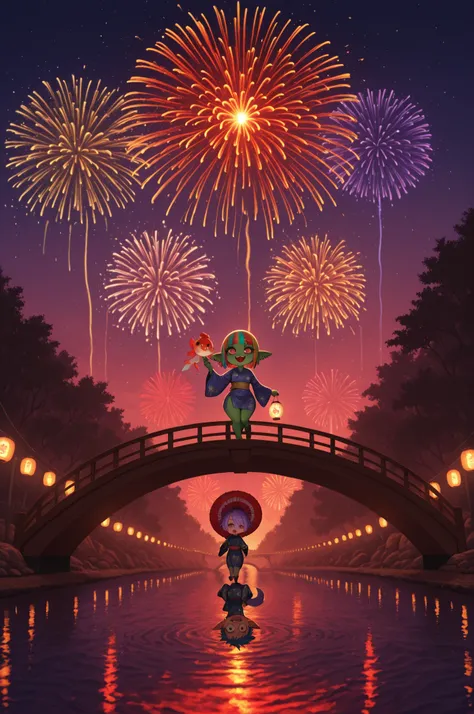 female punk, rainbow colors hair, very short hair, black eye , facial piercings, eye makeup, small breasts, meduim hips, (goblin girl:1.0) (shortstack:1.0) (green skin:1.0) (pointy ears:1.0) (wide hips:1.0)| Large fireworks blooming in the night sky over t...