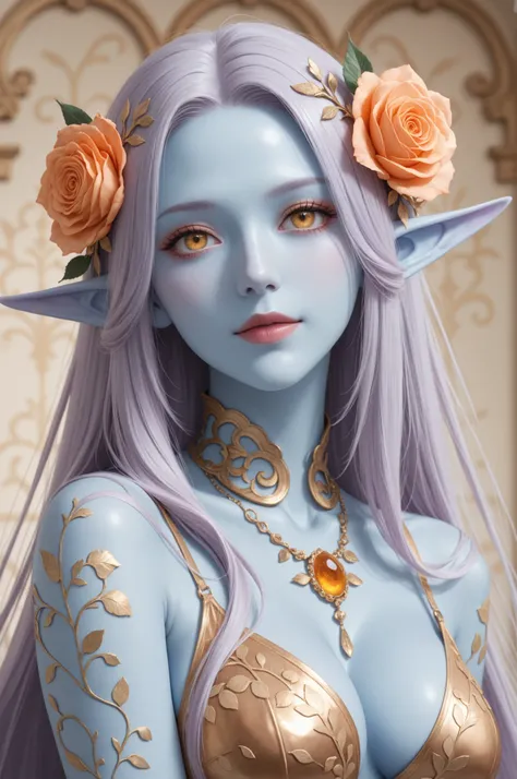 digital painting, blue skin, ethereal elf girl with long, flowing, light purple hair, wearing a delicate orange and rose-gold adornment in her hair and around her neck. Focus on soft, pastel, and muted colors with a light, whimsical style and detailed, rea...