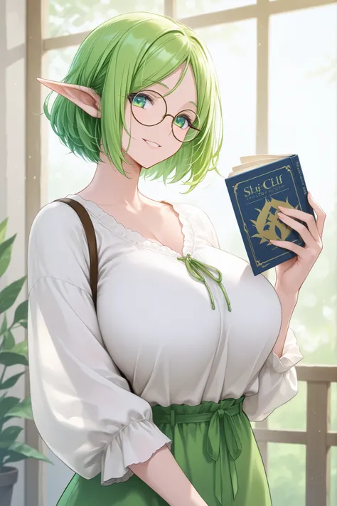 1 girl, green hair, short hair, green eyes, big breasts, elf, long ears, round glasses, casual clothes, smiling, holding a book, looking at viewer,