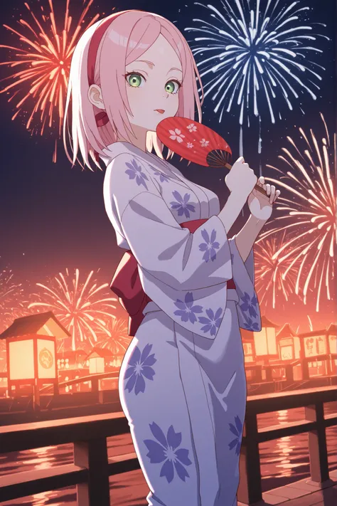 Sakura Haruno. small breasts, huge hips, pink hair, medium hair, light green eyes, thin lips, very fair skin, big forehead. | Large fireworks blooming in the night sky over the Sumida River , A procession of hundred demons crawling out from under the bridg...