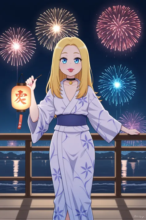 Francine Smith, looking at viewer, pink lipstick, choker, Blonde hair, small saggy breasts. long hair. mature woman,| Large fireworks blooming in the night sky over the Sumida River , A procession of hundred demons crawling out from under the bridge , The...