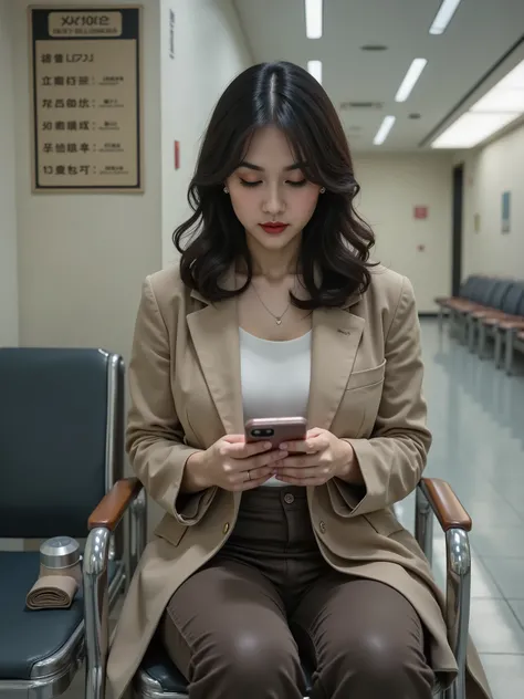A high-resolution cinematic photograph of a 30-year-old Japanese woman seated in a waiting chair row inside an examination hall moments before questions are distributed, her East Asian features illuminated by soft neutral overhead lighting; she wears a bei...