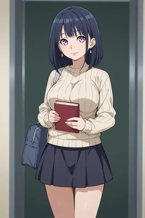 Hinata Hyuuga, medium hair, dark blue hair, square, Large breasts, skinny body, earrings, pink lips , lavender eyes, | score_9, score_8_up, score_7_up, (source_cartoon), spmaris, 1 girl, , girl is wearing a sweater and skirt, smile, holding a book bag, d...