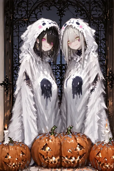 2 girl, huging, (masterpiece, detailed:1.2), highest quality, Ultra High Quality, 4k,  
beautiful and charming ghost cosplay girl,  
cute white ghost costume, upper body,
 smiling expression, 
standing beside a pumpkin lantern,  
background is a Western-st...