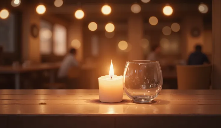 A close-up of a candle on a wooden jazz bar table, soft warm orange glow, reflections on a wine glass, blurred bokeh lights in the background, anime style, cozy and romantic mood.