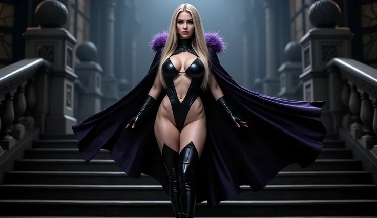 Ultra realistic full view A powerful and confident female vampire standing in a dynamic pose, full body. She has long flowing blonde hair, pale flawless skin, piercing blue eyes, and a bold expression of confidence and allure. She wears a sleek, black, glo...