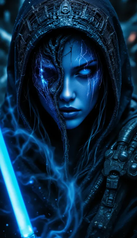 depth of field, focused subject, close up, 1girl, demon face, solo, black jedi robe, glowing hair, looking at the viewer, heterochromia eyes, neon color palette, holding neon sword, eerie, dynamic lighting, shadows, silhouette, ghost in armor, dynamic angl...
